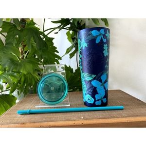 EUC Starbucks Green/Blue Floral 24oz Stainless Steel Tumbler